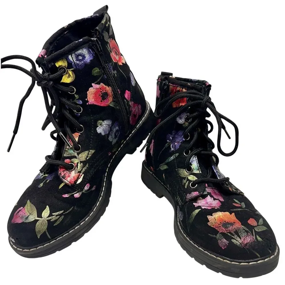 Steve Madden Betty Black Pink‎ Floral Soft Velvet Lace Up Combat Boots Girls 4